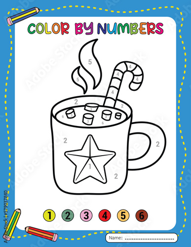 A green mug of hot chocolate with marshmallows and candy. Christmas color by number for kids. Activity Book.
