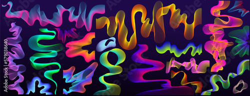 Collection of abstract colored geometric shapes trending futuristic line design elements, infographic shapes. Modern trendy retro futurism digital vaporwave. Retro futuristic for UI and UX. Vector.