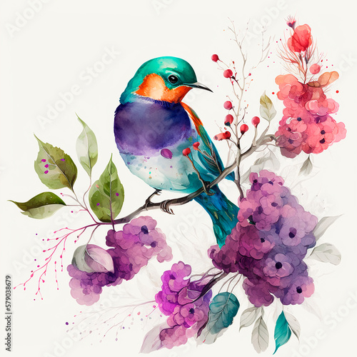Watercolor birds on flowering branches. Generative AI technology.