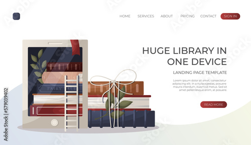 Landing page with stack of books with bow, electronic ebook reader. Tablet digital literature. Bookstore, bookshop, library, book lover, bibliophile, education. Vector for banner, website