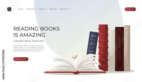 Landing page with reading open huge book with heart, reading stack of books. Education book heap. Bookstore, bookshop, library, book lover, bibliophile, education. Vector for banner, website