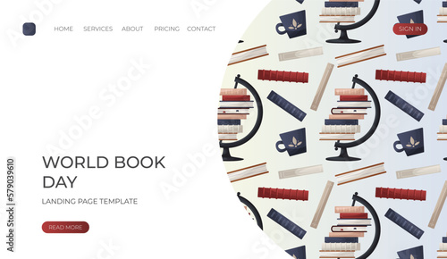 Landing page with reading pattern of stack of books, globe, tea cup. World book day. Education book heap. Bookstore, bookshop, library, book lover, bibliophile, education.Vector for banner, website