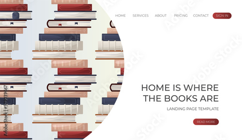 Landing page with reading pattern of stack of books. School books pile. World book day. Education book heap. Bookstore, bookshop, library, book lover, bibliophile, education.Vector for banner, website