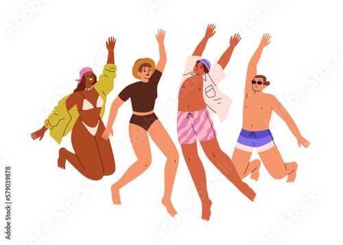 Happy people in swimsuits jumping up. Young positive friends on summer holiday. Excited men, women in bathing suits, trunks, bikini on vacations. Flat vector illustration isolated on white background
