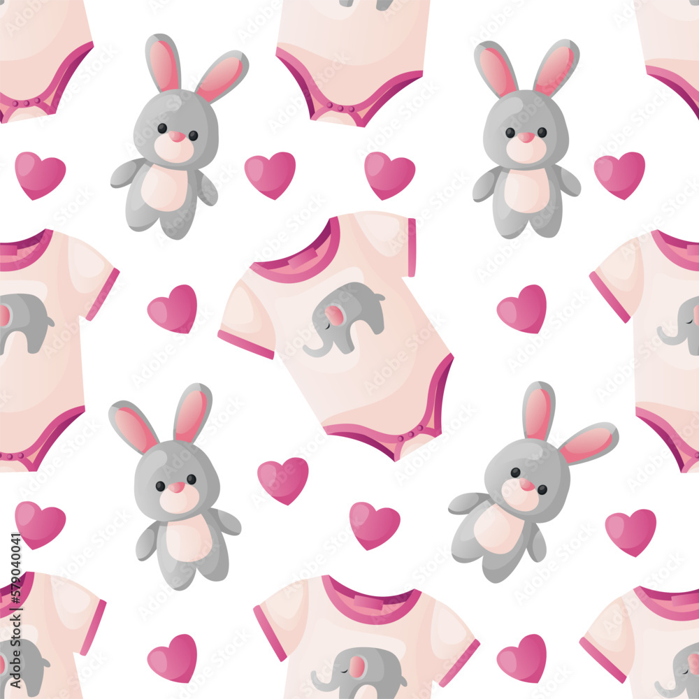 Pattern with cute pink baby bodysuit with elephant, heart, toy teddy bunny. Child singlet ,clothes, plush. Baby shower invitation. It's a girl. Hello baby celebration, holiday, event. Banner, flyer. 