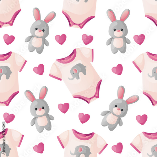 Pattern with cute pink baby bodysuit with elephant, heart, toy teddy bunny. Child singlet ,clothes, plush. Baby shower invitation. It's a girl. Hello baby celebration, holiday, event. Banner, flyer. 