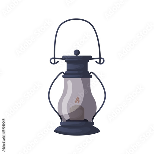 Old lantern with holder, burning candle. Antique lamp.Travelers lighting. Bookstore, bookshop, ebook, library, book lover, bibliophile, education. Vector illustration for card, poster, banner, website