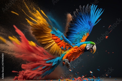 Flying multicolored Macaw parrot over colorful powder explosion on black background. Generative Ai © inna717