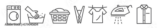 Photographie Washing laundry, peg out washing and ironing - thin line icon collection on whit