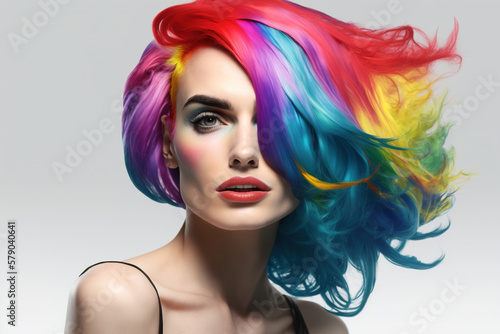 Beautiful woman with colorful hair and makeup. Beautiful face.GENERATION Ai