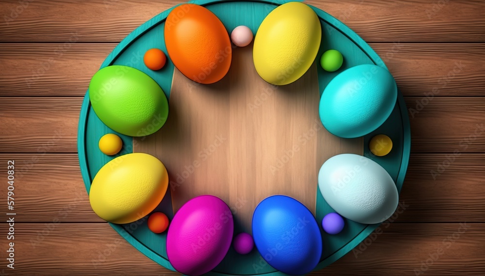 Obraz premium Easter eggs wooden tray , Generative AI