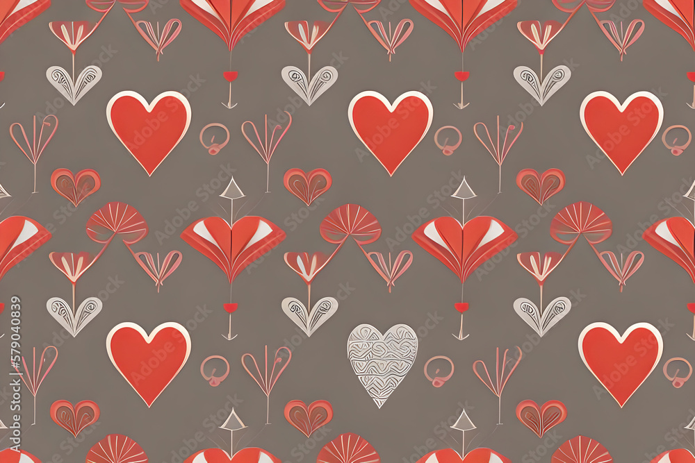 Regular patterns template with hearts for greetings card background or wallpapers, graphic style objects in coral red hue to pastel pink colours on muted, grey background. Ai-generated illustration. Regular patterns template with hearts for greetings card background or wallpapers, graphic style objects in coral red hue to pastel pink colours on muted, grey background. Ai-generated illustration.