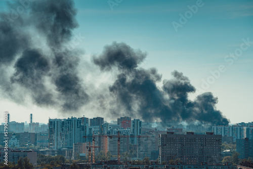 Smoke over the city , great fire in Moscow, Russia