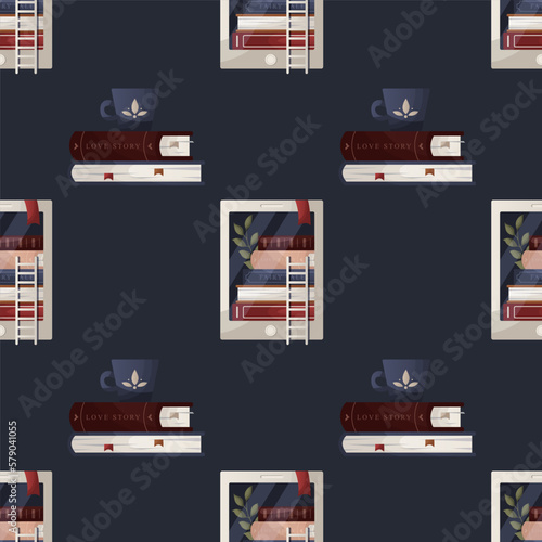 Seamless pattern with electronic ebook reader, stack of books, cup of tea. Bookstore, bookshop, library, book lover, bibliophile, education. Vector illustration for poster, banner, website.