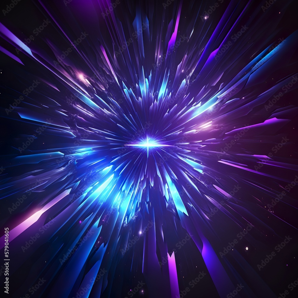 Fototapeta premium Abstract in blue and purple neon glow colors. Speed of light in galaxy Explosion in universe Cosmic background for event party carnival celebration or other rendering supersonic Generative AI