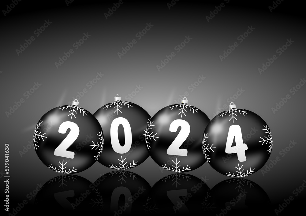 New year 2024 illustration with Christmas baubles on black background. Greeting card with empty copy space for your text New year 2024 illustration with Christmas baubles on black background. Greeting card with empty copy space for your text