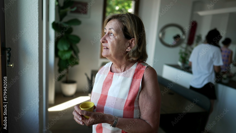One contemplative senior woman standing by window at home. A pensive older 70s female person staring out with happy expression One contemplative senior woman standing by window at home. A pensive older 70s female person staring out with happy expression