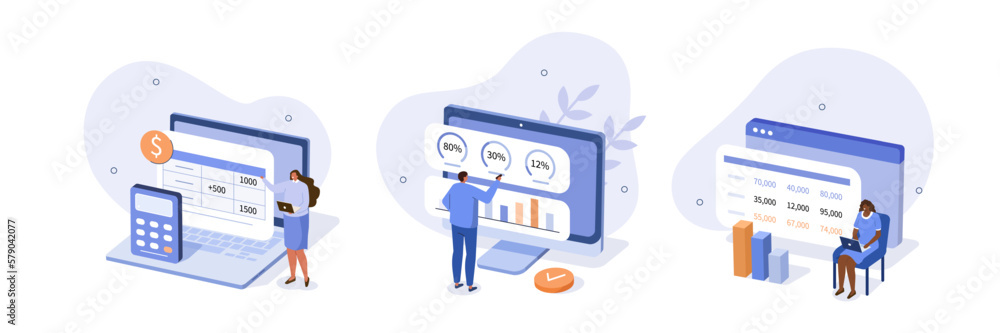 Finance illustration set. Characters analyzing various business data, such as charts, balance sheets and income statements. Financial management concept. Vector illustration.
 - obrazy, fototapety, plakaty 