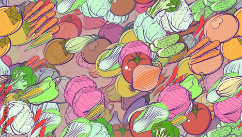 Background pattern abstract design texture. Seamless. Health food. Theme is about egg, whole onion, peel, white, spring onions, glare, pods, broccoli, vitamin C, cabbage, a stack, cucumbers