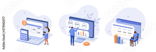 Finance illustration set. Characters analyzing various business data, such as charts, balance sheets and income statements. Financial management concept. Vector illustration.
