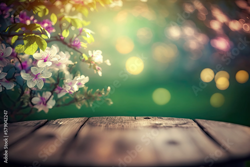 Blossoms On Wooden Table In Green Garden With Defocused Bokeh Lights And Flare Effect, generative, ai, Nature, Outdoors, Spring, Flowers,  © Saulo Collado