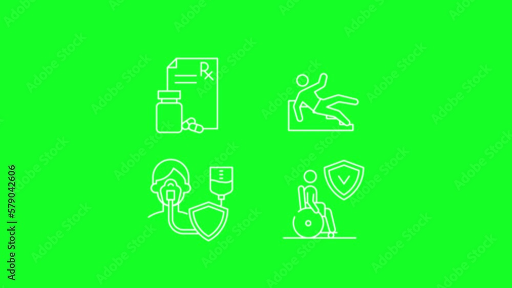 Animated medical white line icons. Insurance. Long-term care coverage. Loop HD video with chroma key, alpha channel on transparent background, black solid background. Outline motion graphic animation Animated medical white line icons. Insurance. Long-term care coverage. Loop HD video with chroma key, alpha channel on transparent background, black solid background. Outline motion graphic animation