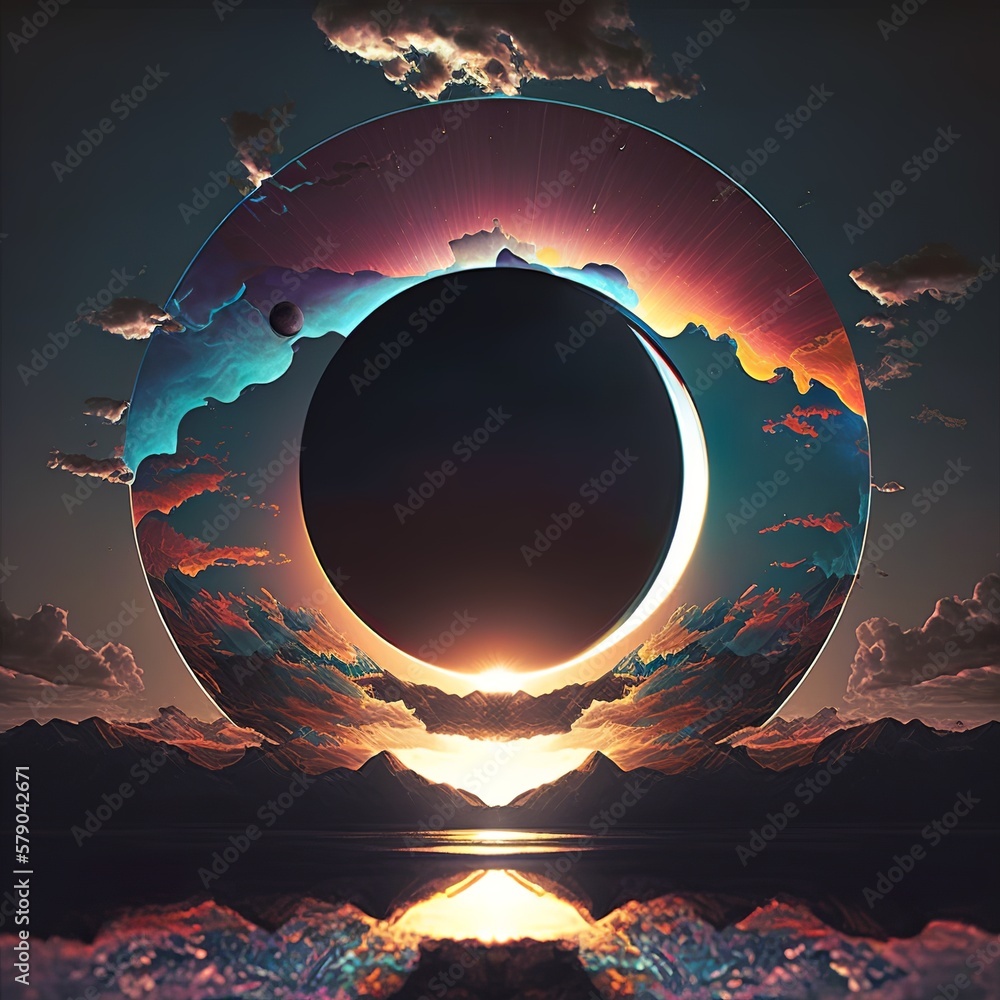hybrid solar eclipse, holographic, futuristic, evening scene in the sky