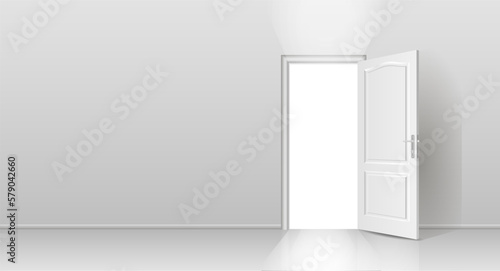 The interior of an empty room with a white wall and an open door. Free space for copying, 3d image.