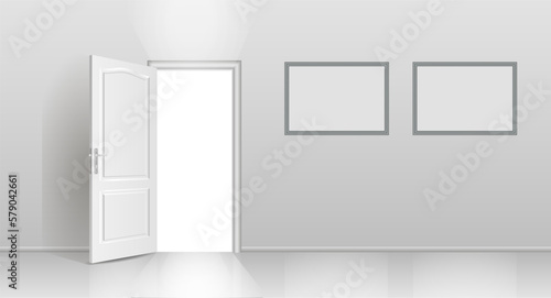 The interior of an empty room with a white wall and an open door. Free space for copying, 3d image.