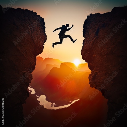 Man jumping over precipice between two mountains at sunset in joy funny a particularly happy state of mind you can do it impossible shadow silhouette woow energy action Generative AI