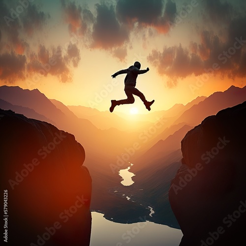Man jumping over precipice between two mountains at sunset in joy funny a particularly happy state of mind you can do it impossible shadow silhouette woow energy action big fantasy Generative AI