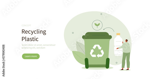 Sustainability. Characters throwing plastic bottle into recycling bin. Reduce, reuse, recycle and zero waste concept. Vector illustration.