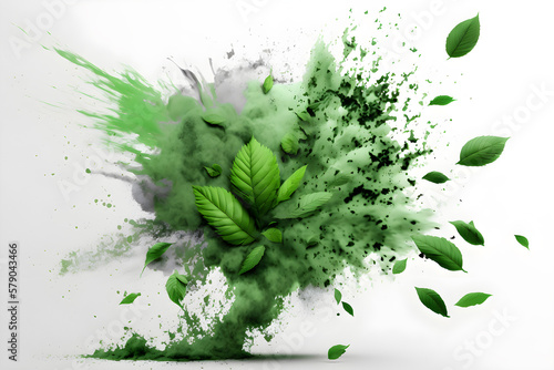 Abstract green nature concept design with powder explosion on white background - Generative Ai