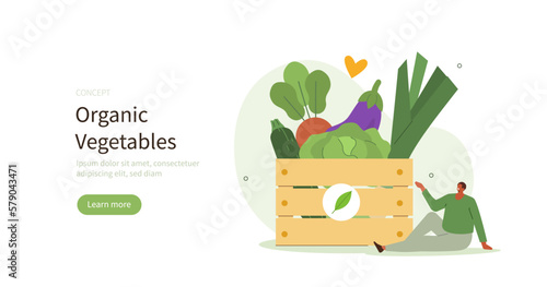 Grocery vegetables. Character receiving organic veggie box delivery from farmers market. Local produce support and farm to table concept. Vector illustration.
