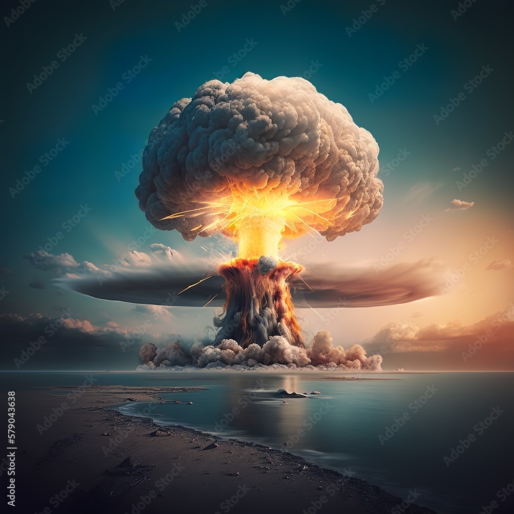 Nuclear explosion the sea. Atom bomb fire and cloud exploding. Photorealistic illustration in