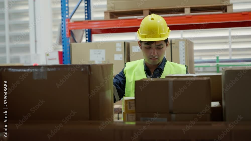 Warehouse worker pick box goods in inventory and check stock product. Transport logistic business ship delivery to customer. stock card, bill of material, inspection, storehouse, storage, factory Warehouse worker pick box goods in inventory and check stock product. Transport logistic business ship delivery to customer. stock card, bill of material, inspection, storehouse, storage, factory