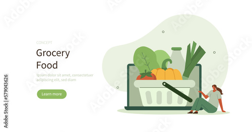 Grocery products. Character buying organic food by online farmers market. Local produce support and farm to table concept. Vector illustration.