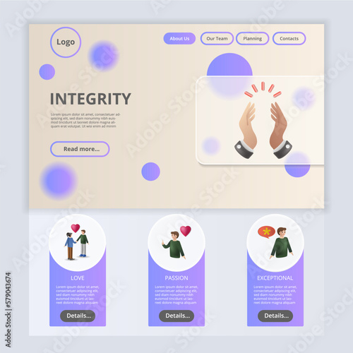 Integrity flat landing page website template. Love, passion, exceptional. Web banner with header, content and footer. Vector illustration.