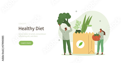 Grocery store. Characters standing near shopping bag filled with healthy, plant-based grocery food items. Healthy eating and vegan diet concept. Vector illustration.