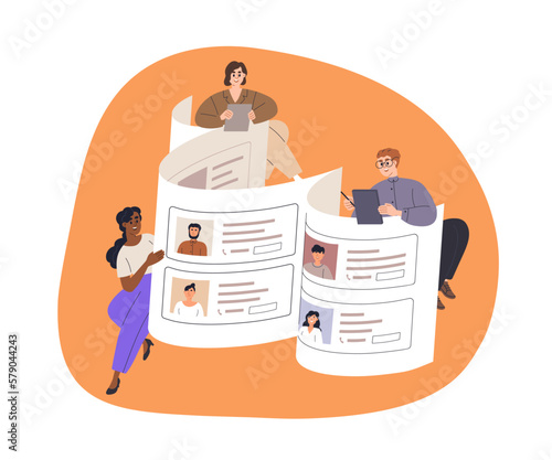 HR team recruiting, hiring, searching human resources. Headhunters choosing from job applicants CVs, looking candidate application forms, resumes. Flat vector illustration isolated on white background