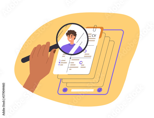 Searching, finding, choosing applicant, candidate for job vacancy. HR, human resources, recruitment concept. Headhunter looking CVs, applications. Flat vector illustration isolated on white background