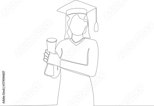 A graduate holds a certificate with both hands. Graduation one-line drawing