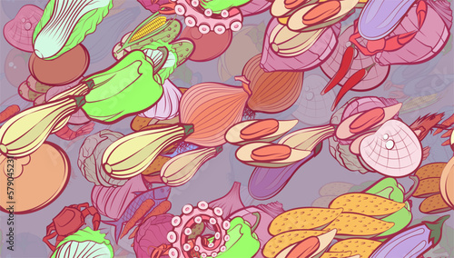 Background pattern abstract design texture. Seamless. Health food and Seafood. Theme is about vegetables, vitamin C, tomato, claws, mussels, fetus, pods, cucumbers, cabbage, pimples, onion feathers