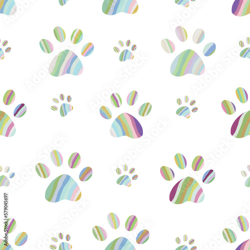 Colorful pastel paw print flowers seamless fabric design pattern