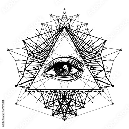 Blackwork tattoo flash. Eye of Providence. Masonic symbol. All seeing eye inside triangle pyramid. New World Order. Sacred geometry, religion, spirituality, occultism. Isolated vector illustration.