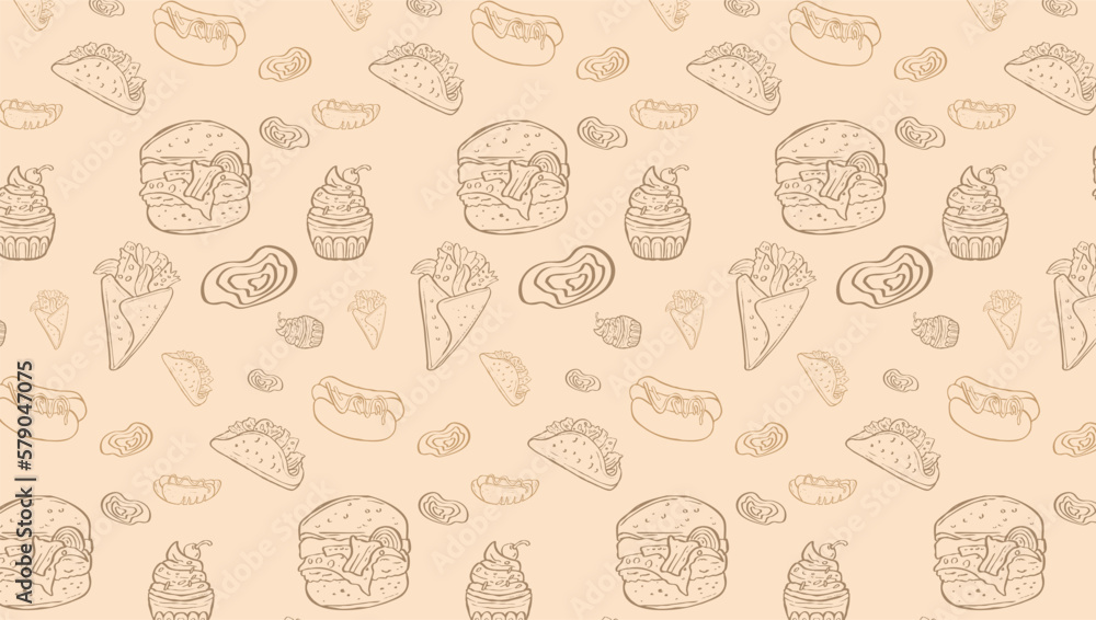 Fast Food Related Seamless Pattern and Background with Line Icons. Editable Stroke Junk Food Related Seamless Pattern and Background