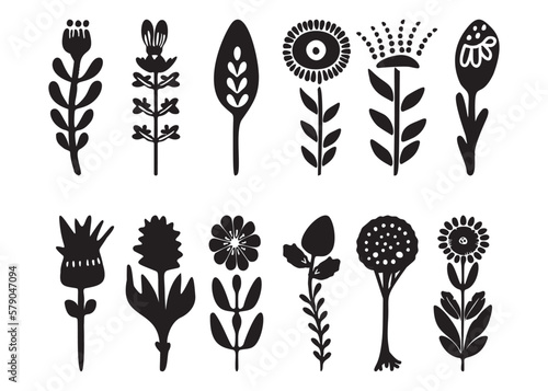 Folkart flower vector illustration set . Botanical kids scandi garden botanicals collection. 