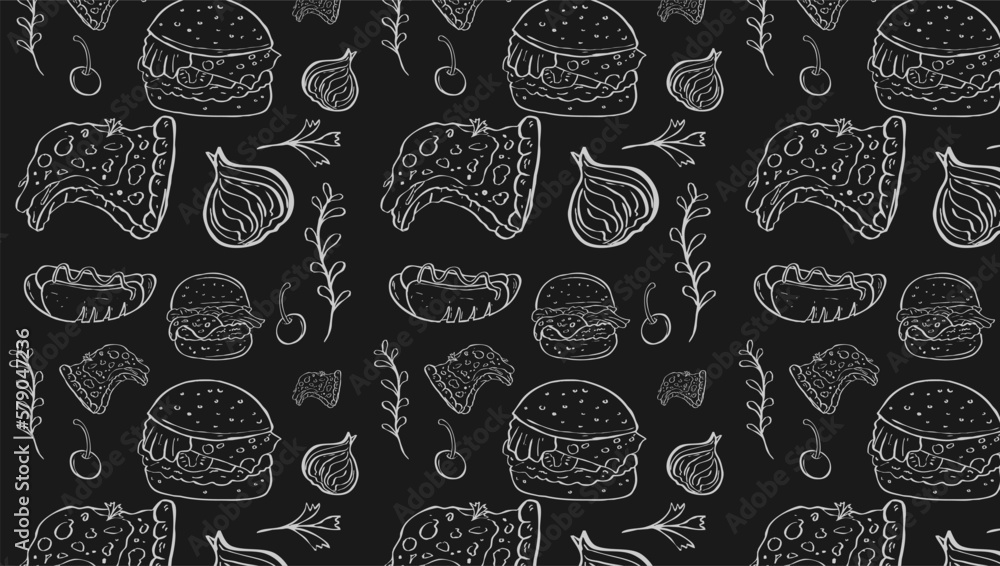 Fast Food Related Seamless Pattern and Background with Line Icons. Editable Stroke Junk Food Related Seamless Pattern and Background