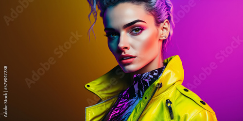 Portrait of a trendy young woman with bright clothing and bright neon lighting. Generative ai