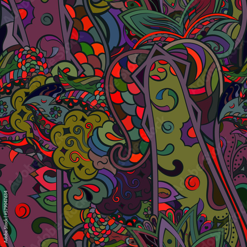 Tracery seamless pattern. Mehndi design. Dark sharp colors. Ethnic doodle texture. Curved doodling background. Vector
